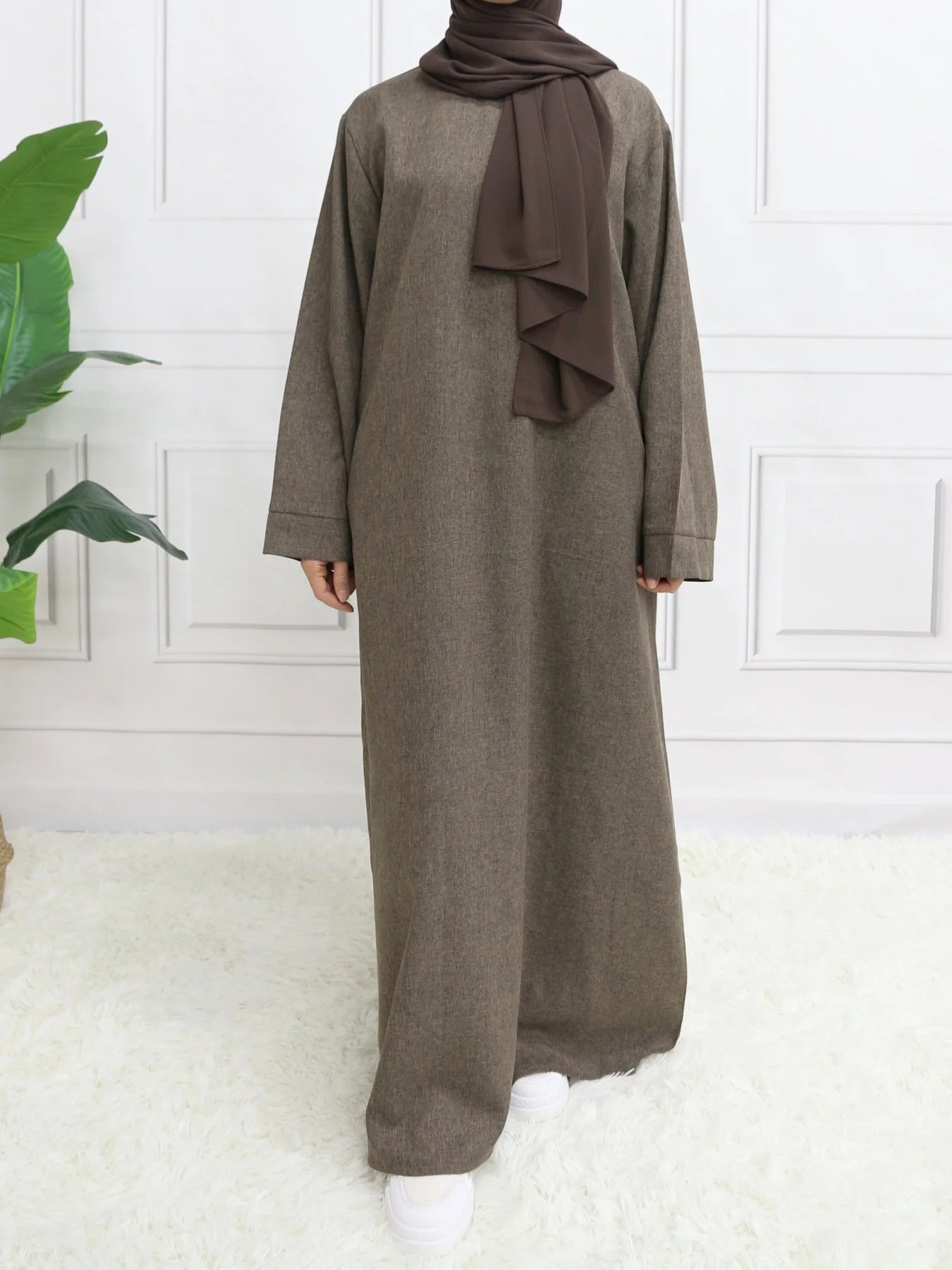 Modest Closed Plain Long Sleeve Abaya Without Hijab With Belt Basic Islamic Eid Clothes Dress