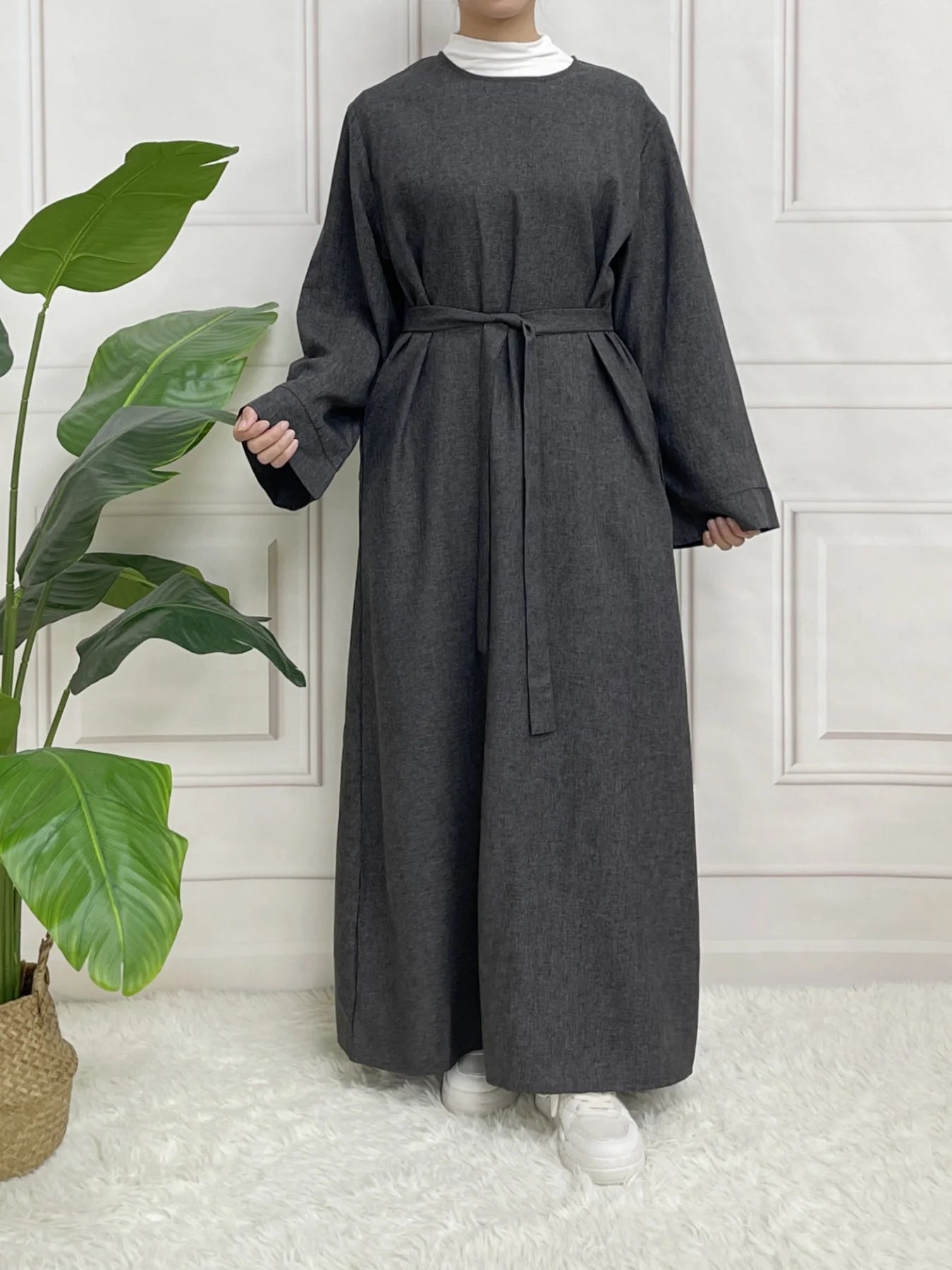 Modest Closed Plain Long Sleeve Abaya Without Hijab With Belt Basic Islamic Eid Clothes Dress